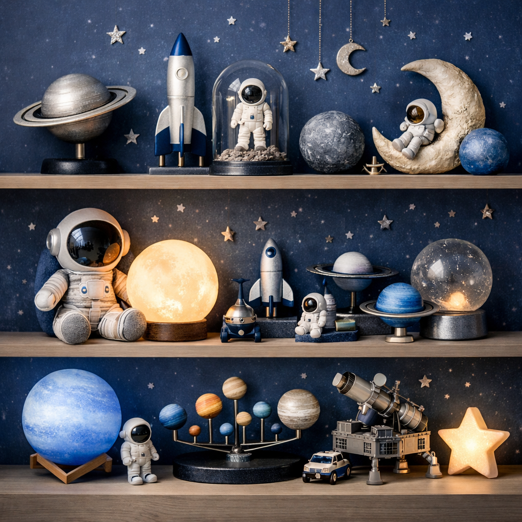 A cleverly themed space shelf display featuring astronaut figures, planets, rockets, and glowing celestial items.