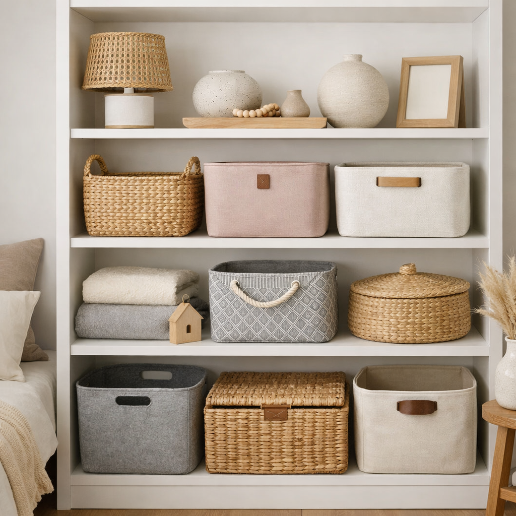 Decorative storage bins arranged on a shelf in a stylish bedroom setting