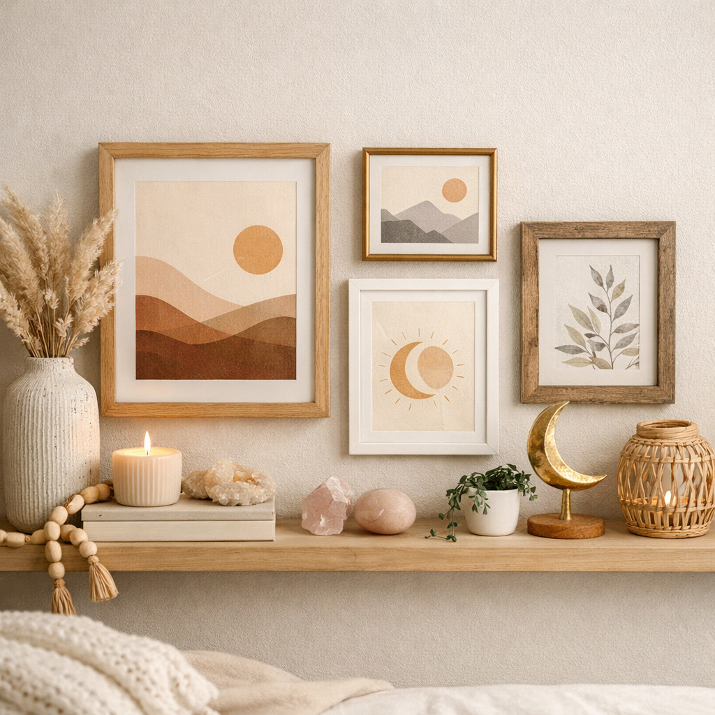 A stylish shelf decor in a bedroom featuring inspirational quotes framed with serene artwork, a candle, and natural elements.