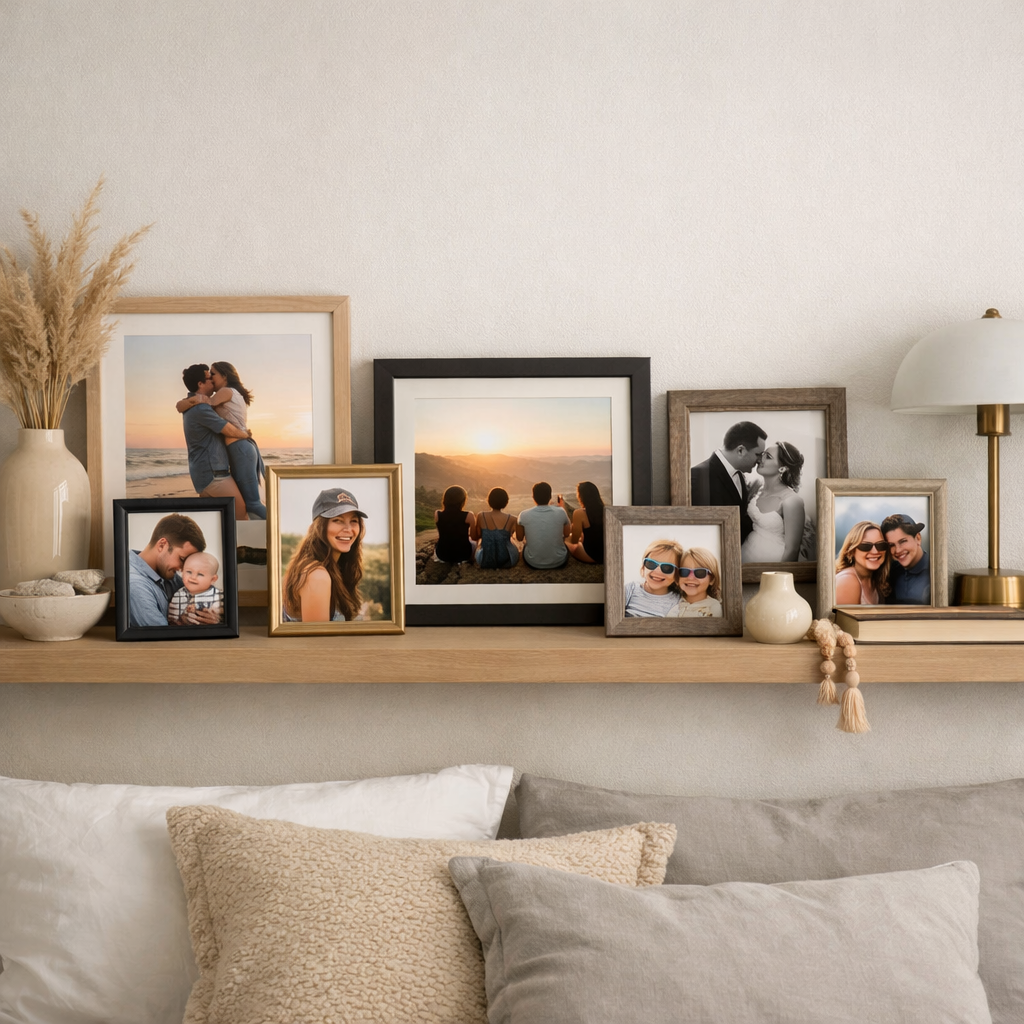 A beautifully arranged shelf with personal photos in various frames, showcasing a warm and inviting bedroom decor
