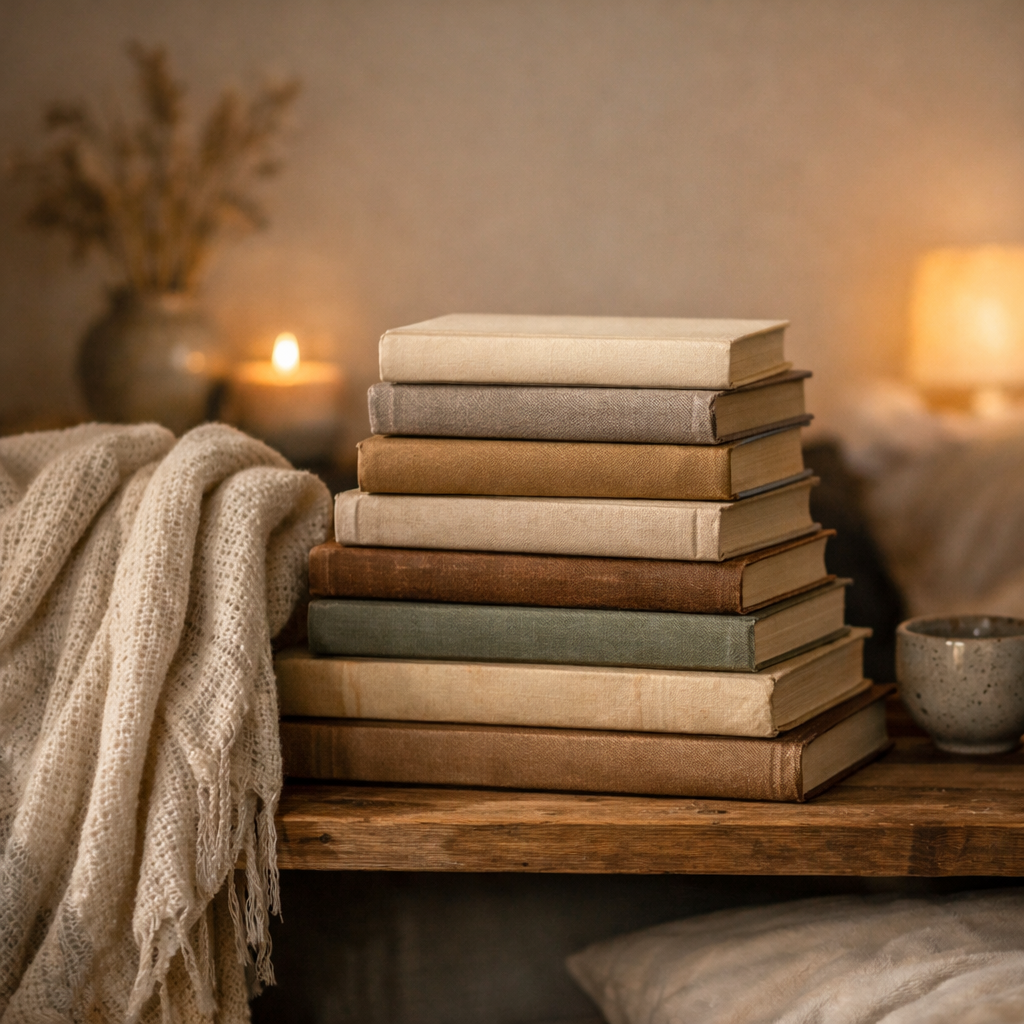 A cozy bookshelf display featuring stacked books in earthy tones, a soft fabric blanket, and a subtle candlelight ambiance.