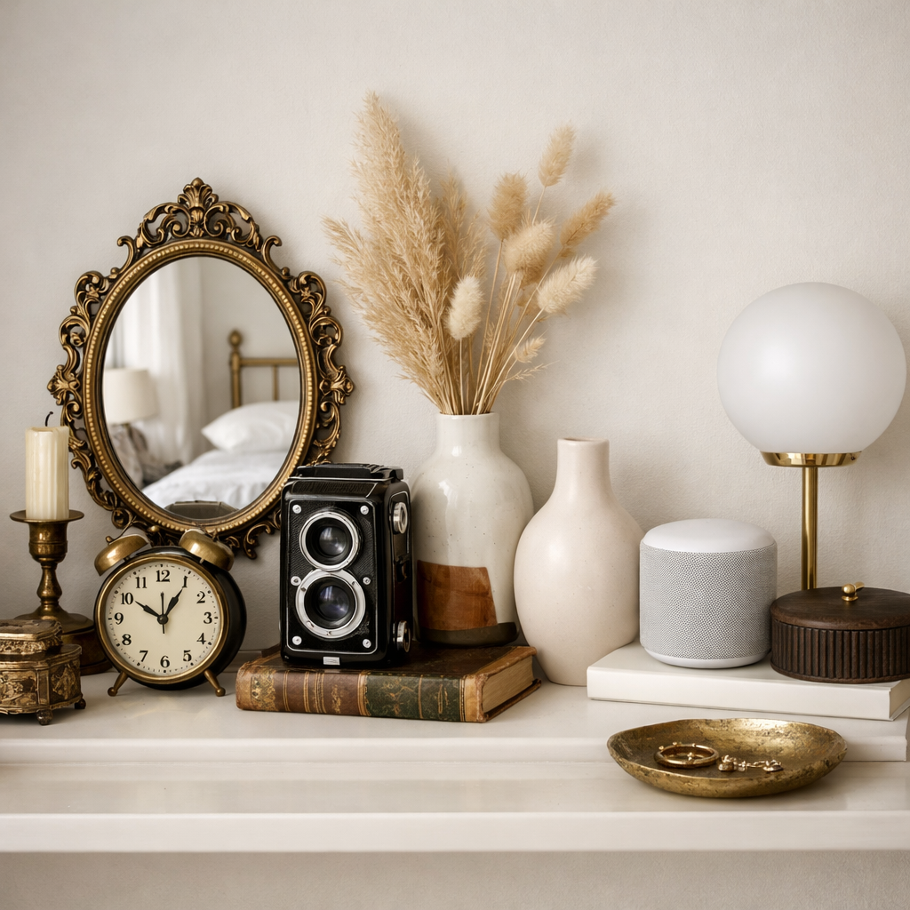 A shelf decorated with vintage and modern elements including a clock, camera, and plants.