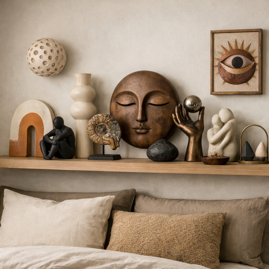 A beautifully arranged shelf in a bedroom showcasing unique art pieces like sculptures, vases, and decorative objects.