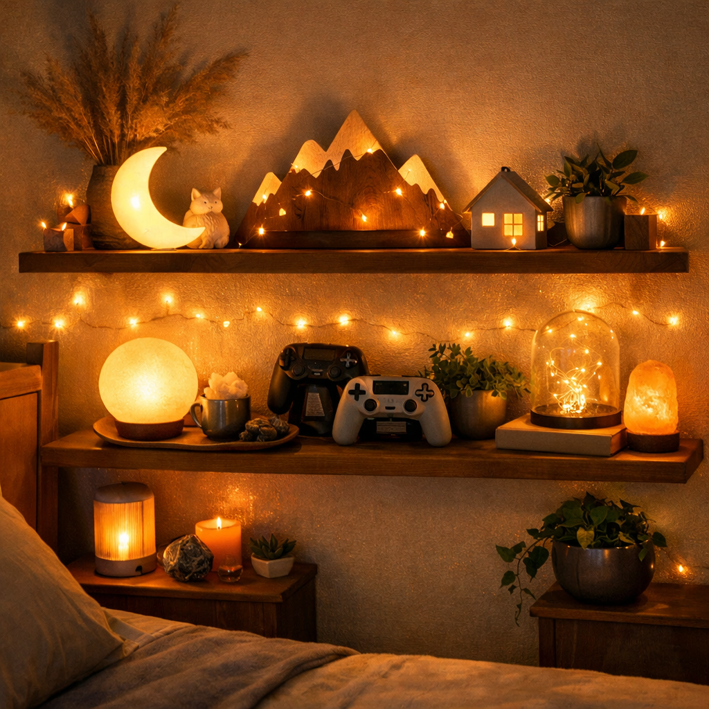 Beautifully arranged shelf decor with mood lighting in a cozy bedroom.