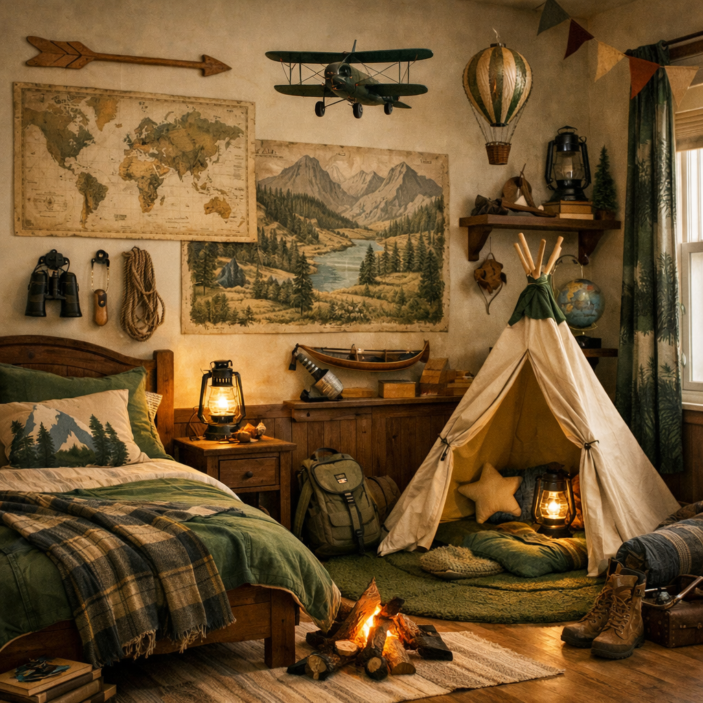 A boys bedroom with adventure-themed decor featuring a bed, teepee, maps, and vintage airplane.
