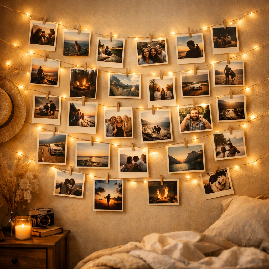 A charming photo display on a bedroom wall, featuring photos lit with fairy lights.