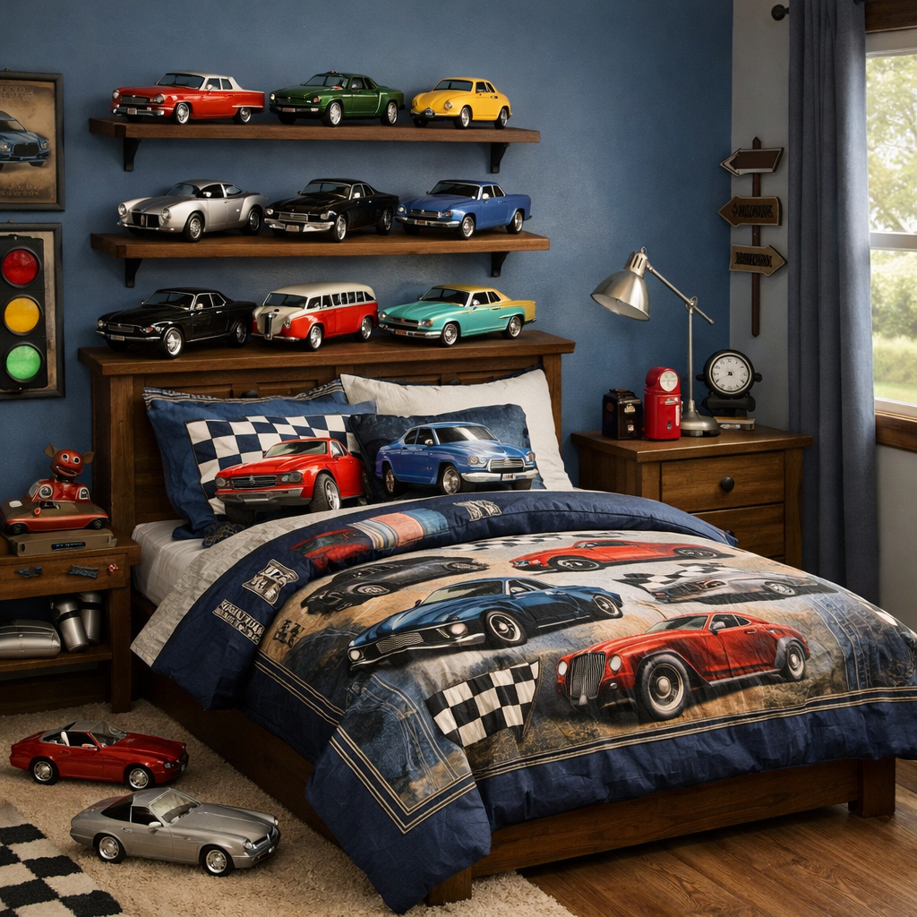 Boys bedroom featuring classic car model display on shelves, themed bedding, and scattered toy cars