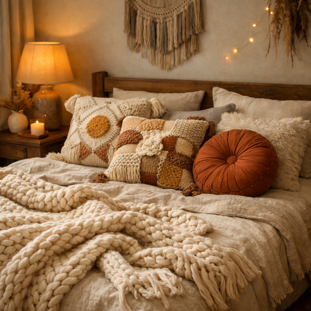 Cozy bedroom with textured pillows and a chunky knit blanket on the bed
