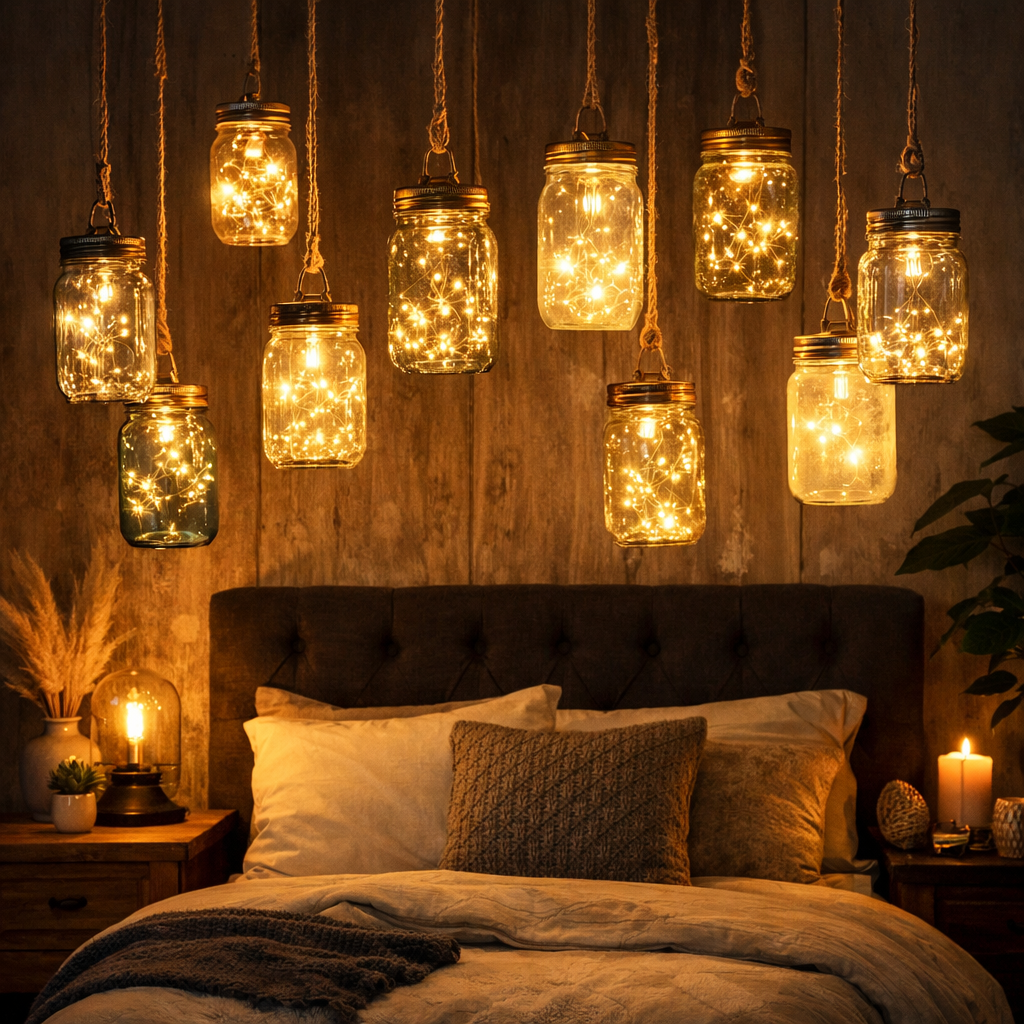 Cozy bedroom with hanging light jars and warm lighting.