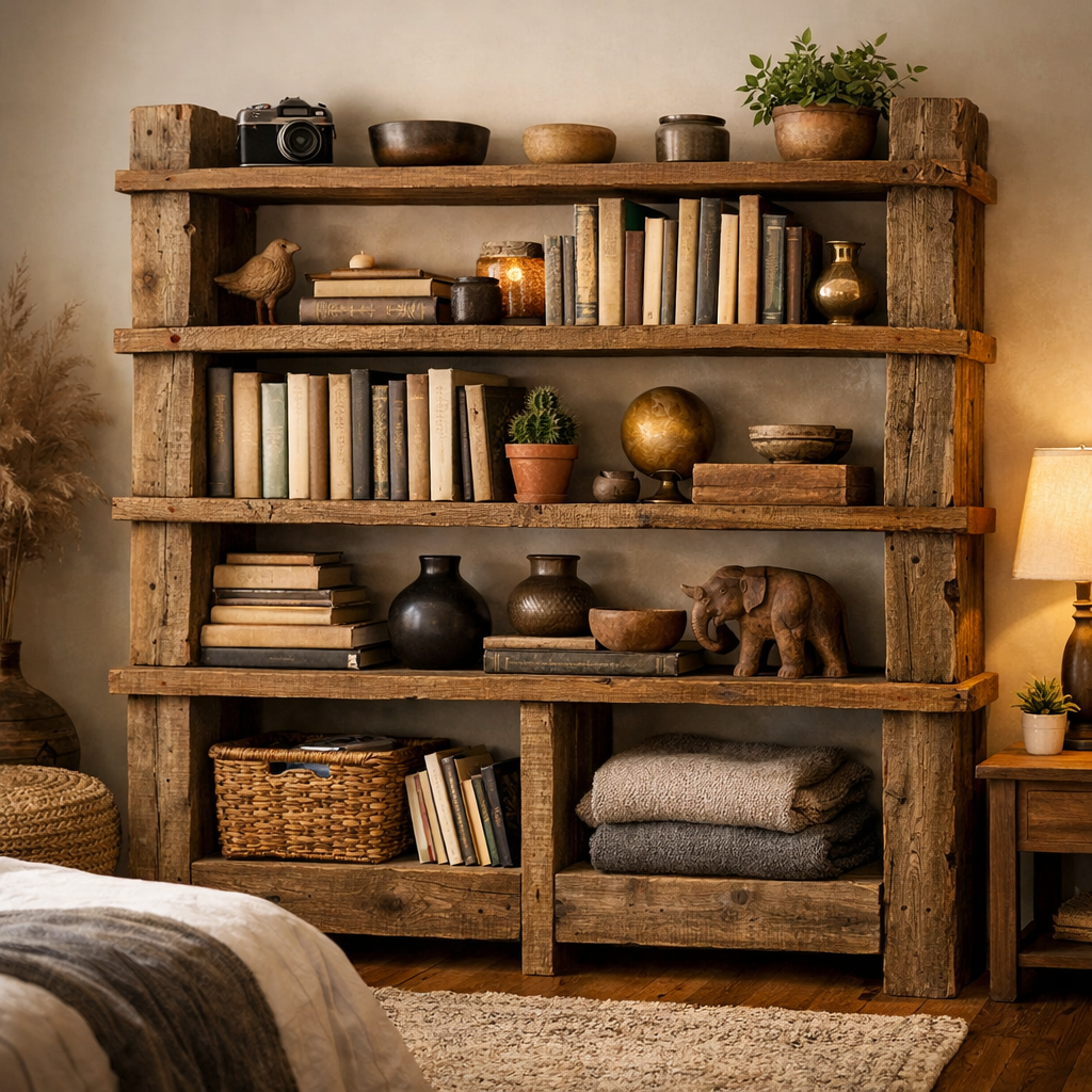 A rustic wooden shelving unit filled with books, decorative items, and some cozy blankets.
