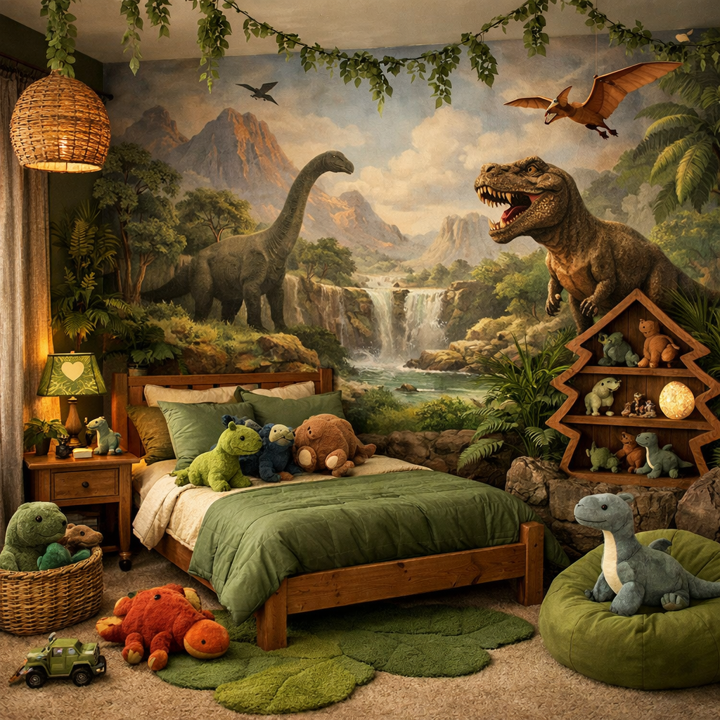 A boy's bedroom featuring a dinosaur jungle theme with vibrant mural, plush toys, and cozy bedding.