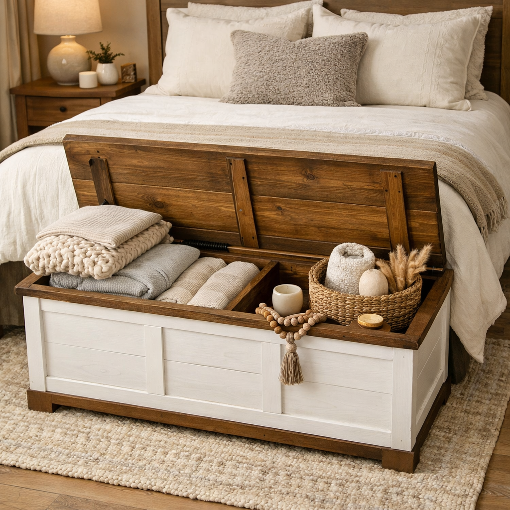 Cozy bedroom with a rustic storage chest at the foot of the bed, holding blankets and decorative items.