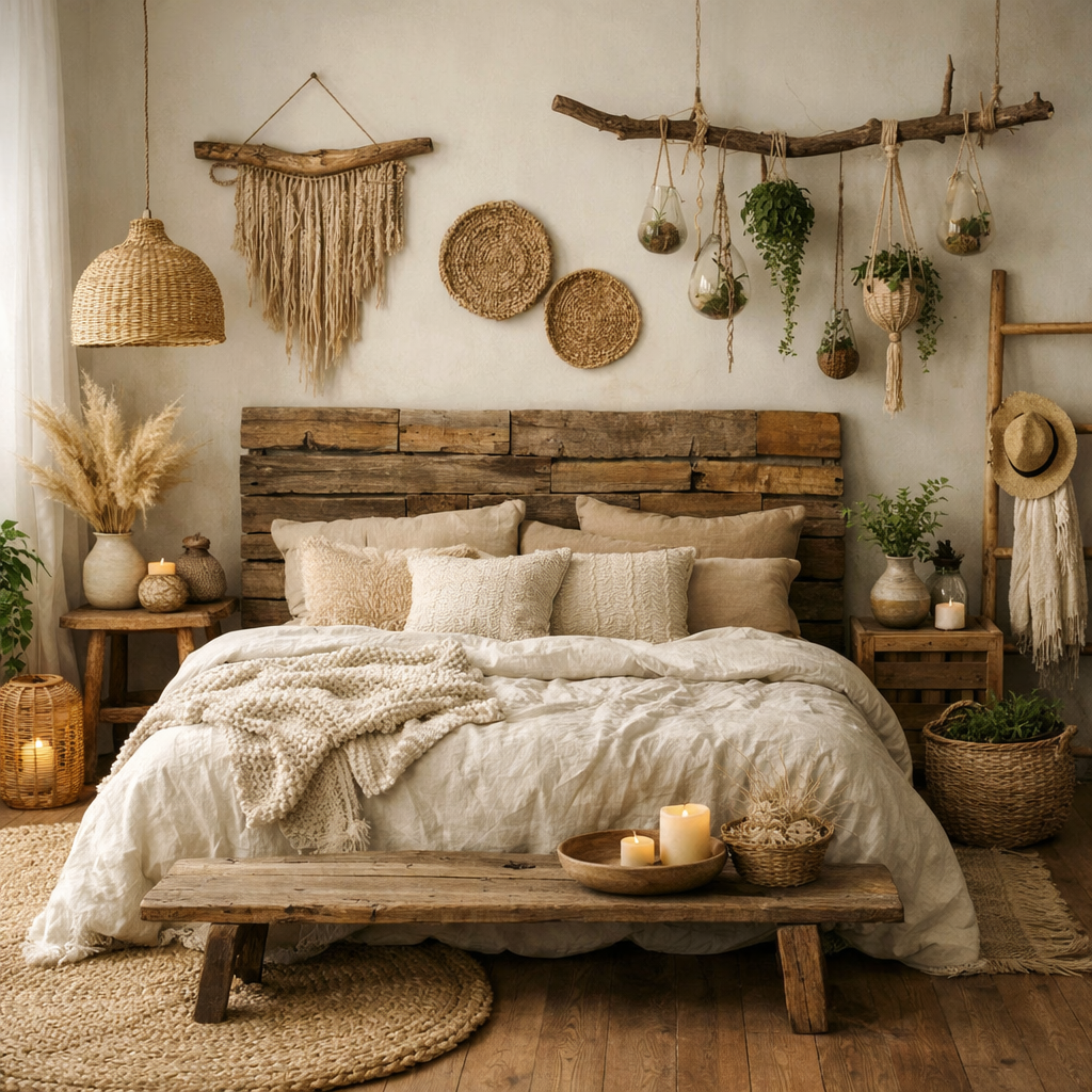 A cozy bedroom featuring a wooden bed frame, earthy tones, and hanging plants, creating a nature-inspired decor.