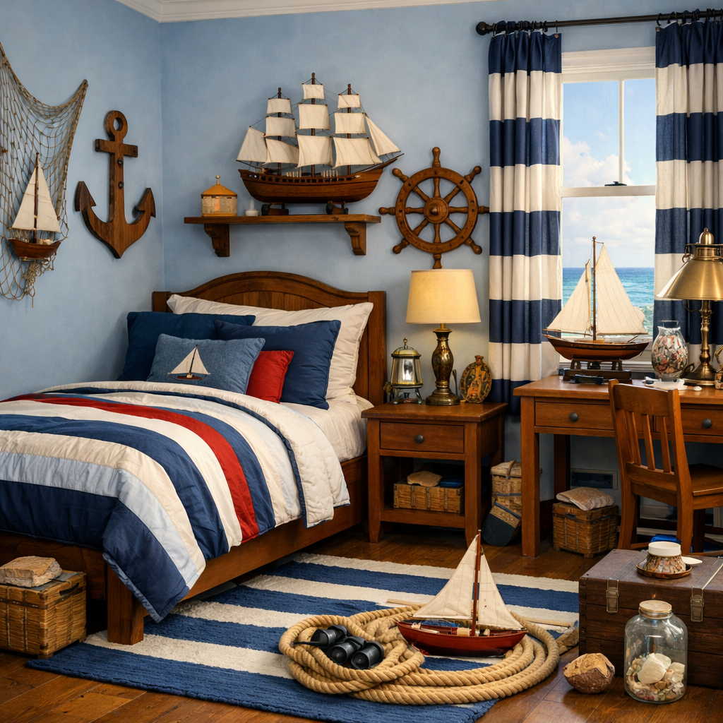 A boy's bedroom decorated in a nautical adventure theme with blue walls, striped bedding, and ship decor.