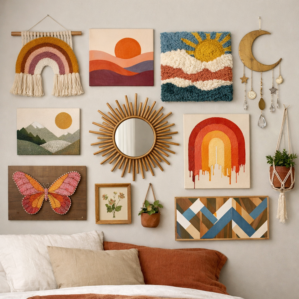 A collage of colorful wall art including a rainbow macramé, landscapes, and a butterfly design.