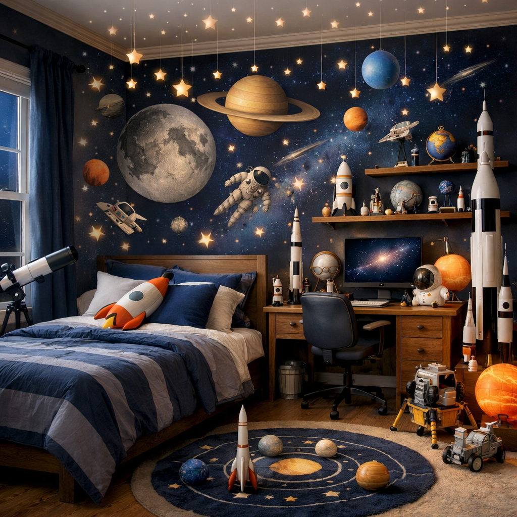 A boy's bedroom with space exploration decor, featuring a mural of planets and astronauts.