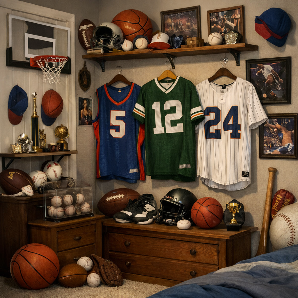 A boys bedroom corner decorated with sports memorabilia, including jerseys, balls, and trophies.