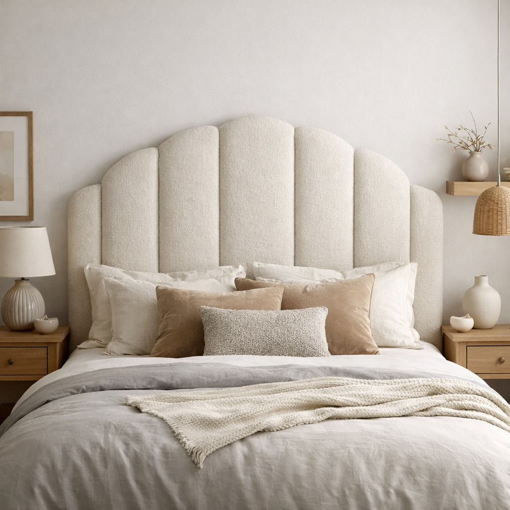 A beautifully designed bedroom featuring a stylish cushioned headboard in a soft color.