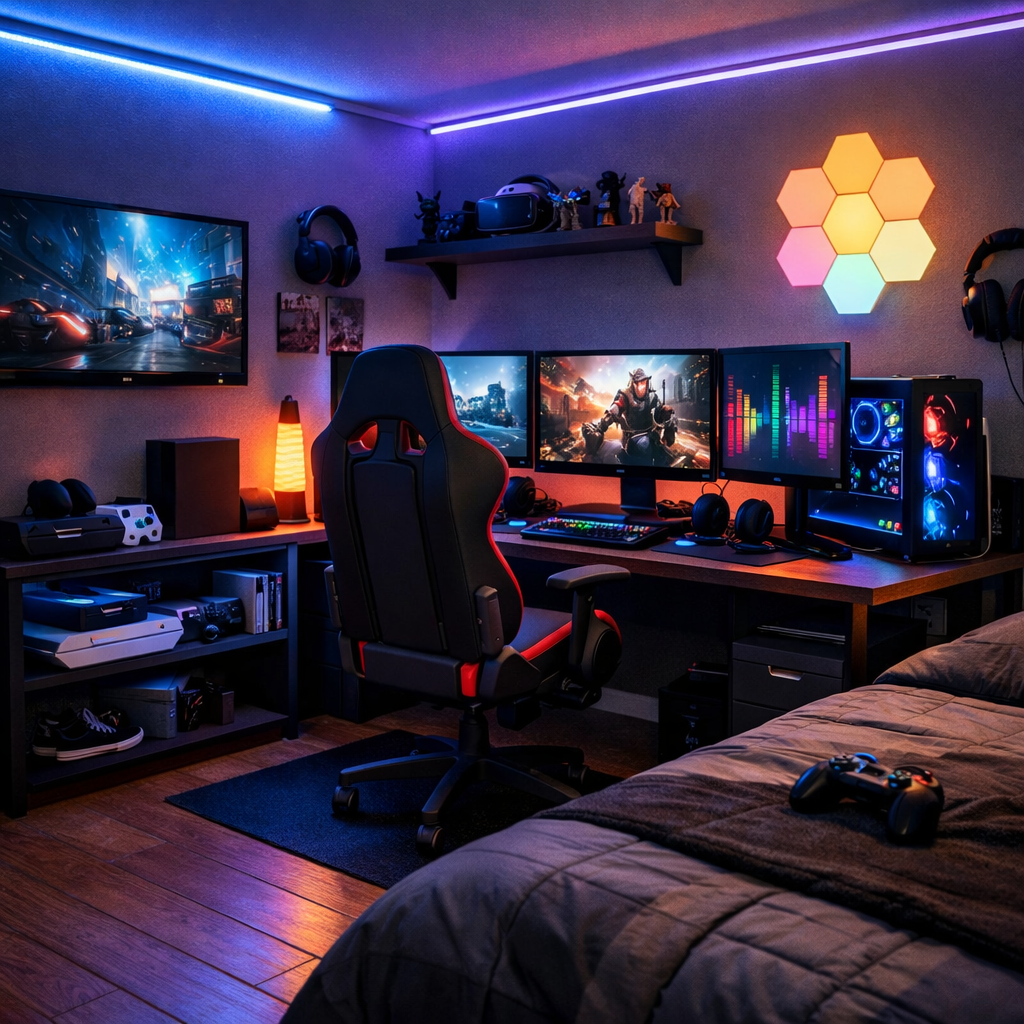 Colorful and stylish boys bedroom gaming zone with multiple screens and LED lights.