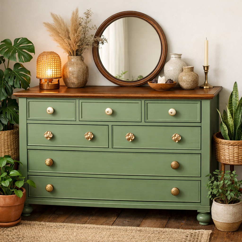 A stylish upcycled green dresser with decorative items, including plants and a mirror.