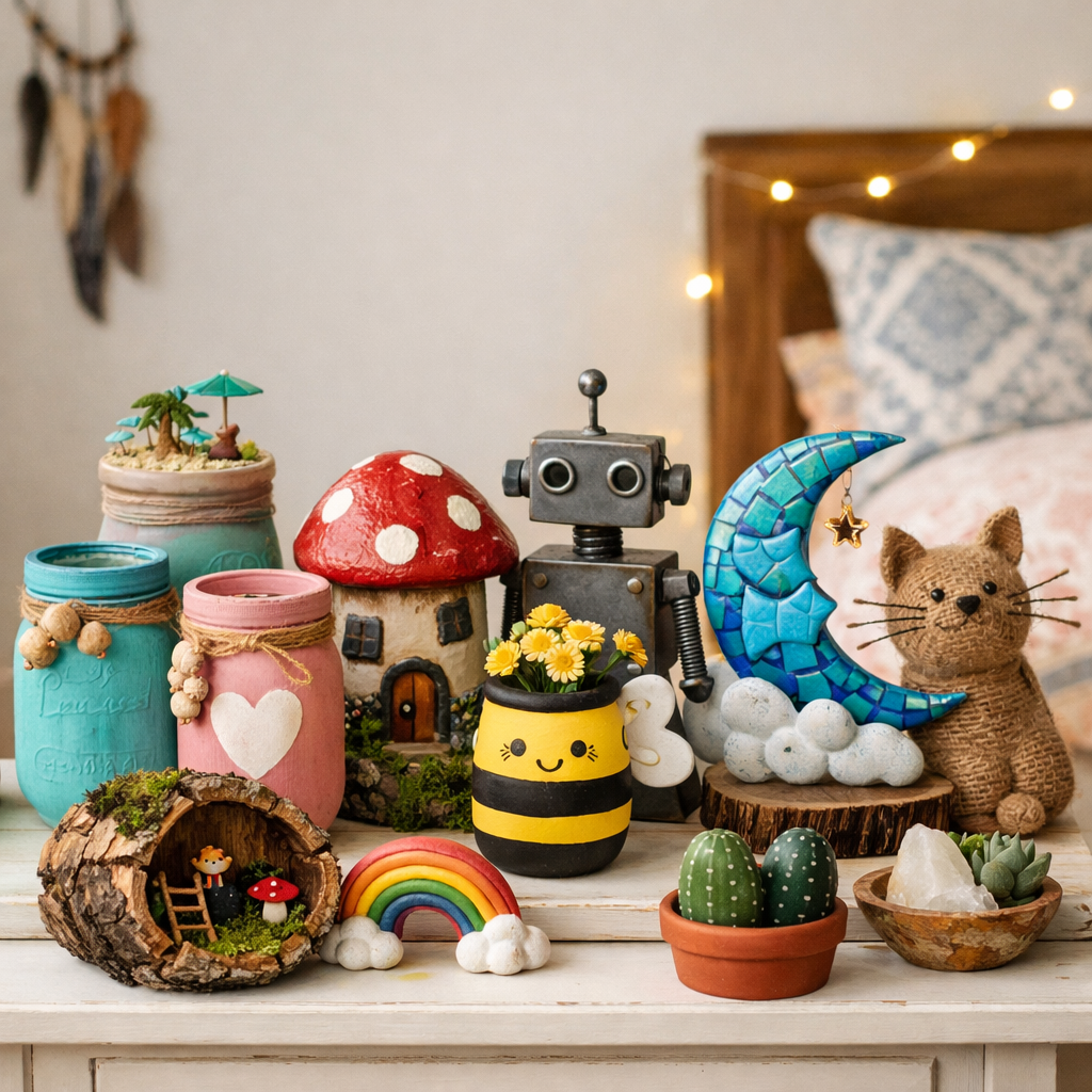 A collection of whimsical decor pieces including a bee planter, mushroom house, robot figure, moon, and rainbow.