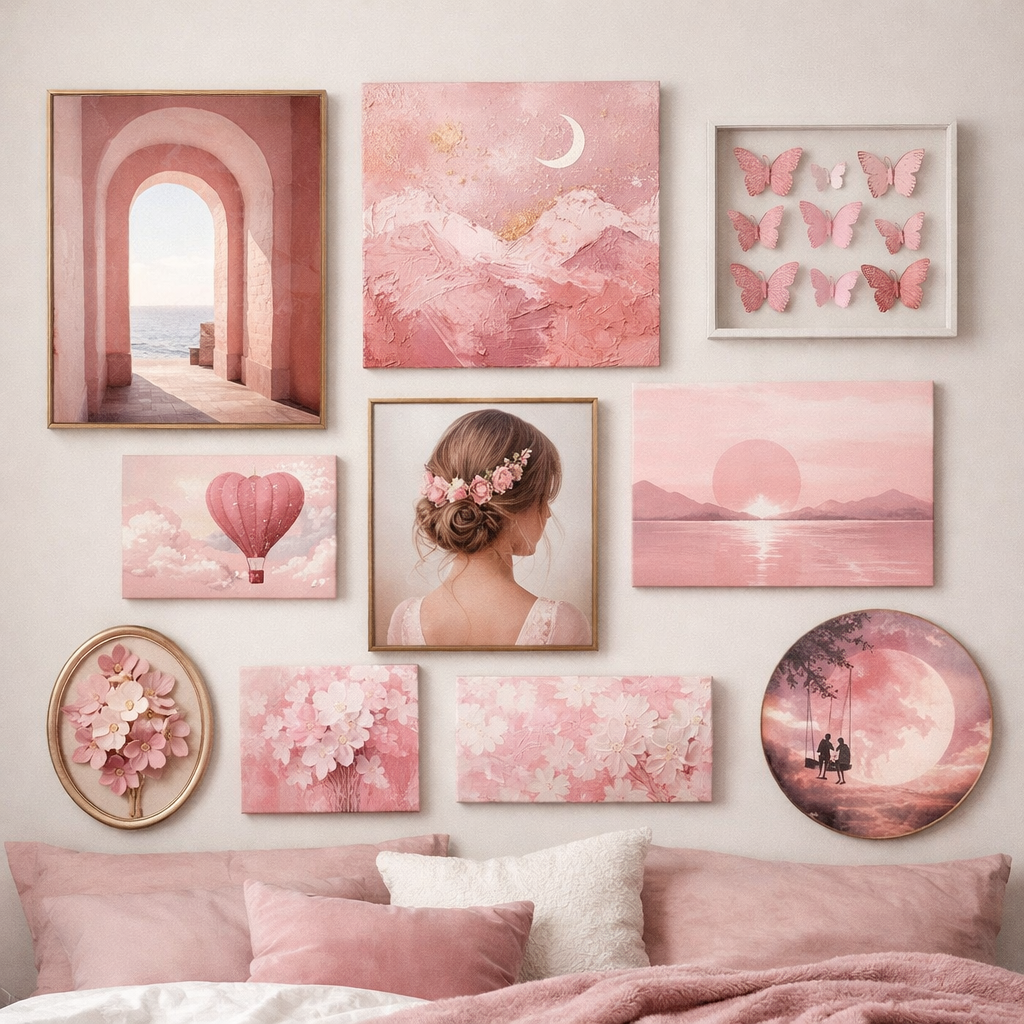 A collage of artistic pink wall art, including landscapes, butterflies, and floral designs, displayed above a cozy pink bed.
