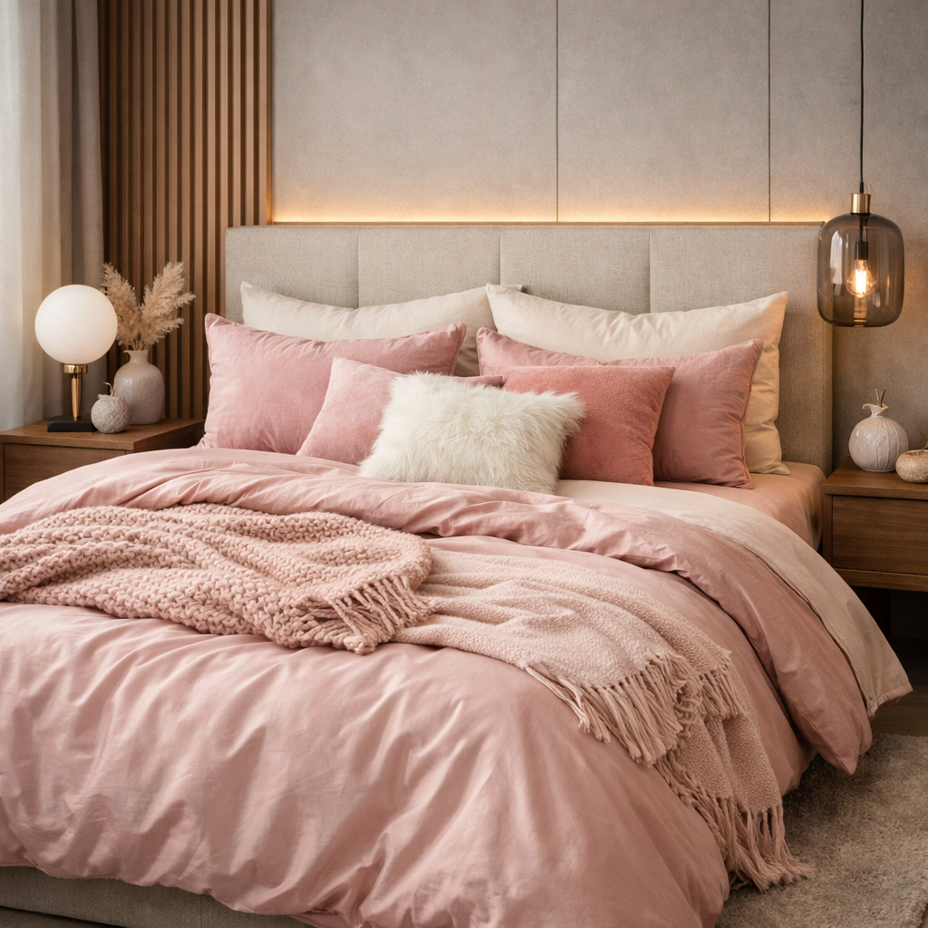 A beautifully decorated pink bedroom featuring chic pink bedding, throw pillows, and soft lighting.