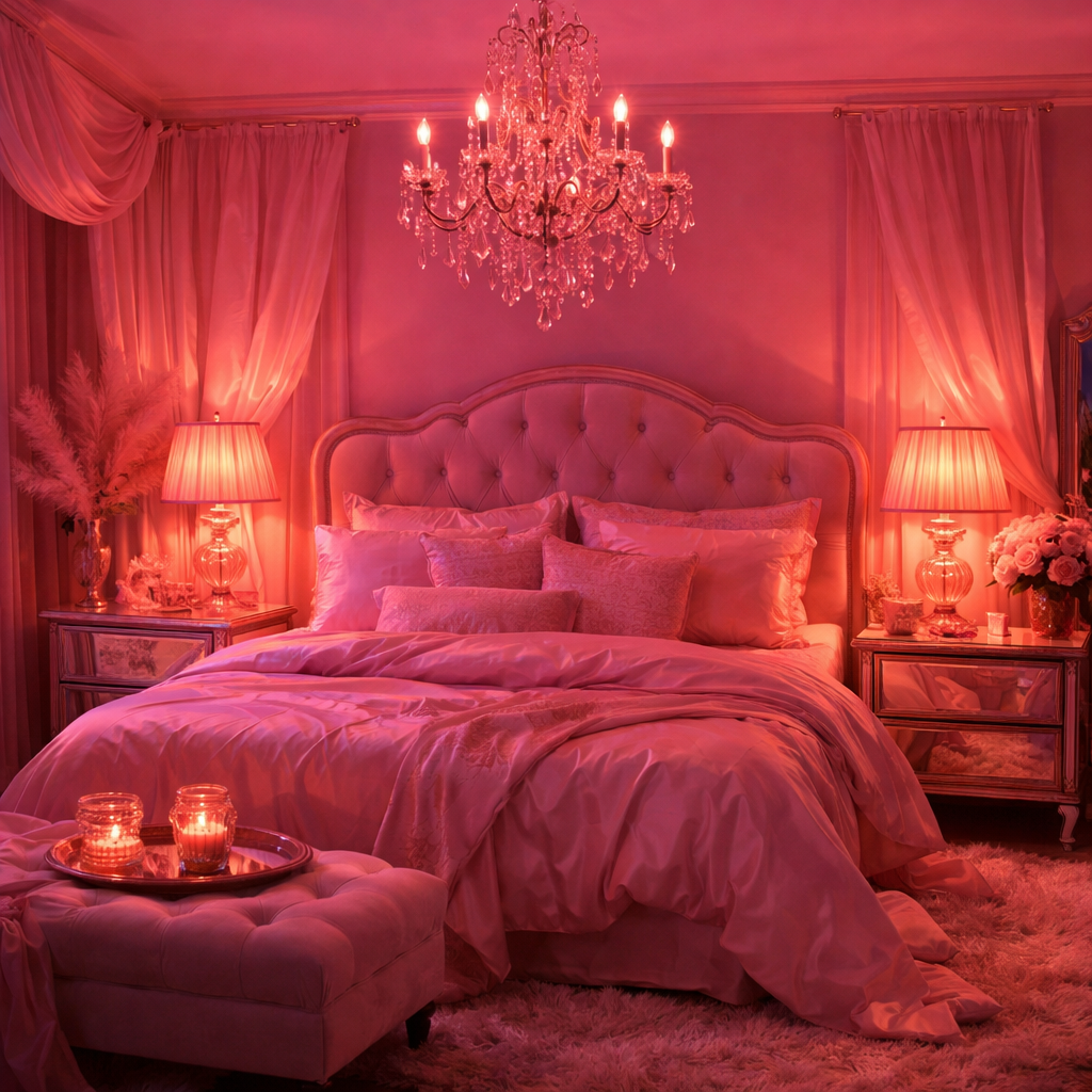 Elegant pink bedroom with chandelier and soft lighting fixtures
