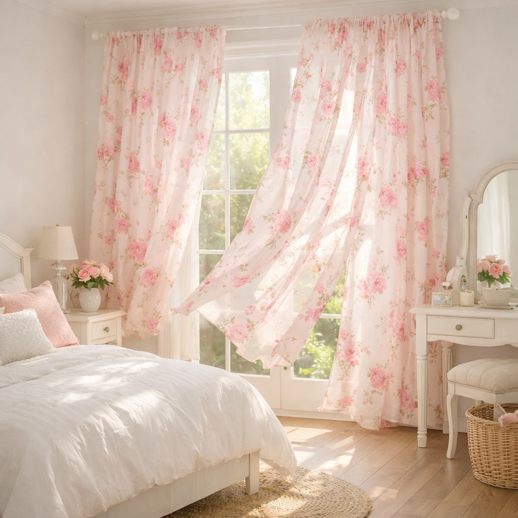 A bright pink-themed bedroom showcasing floral pink curtains in a sunlit setting.