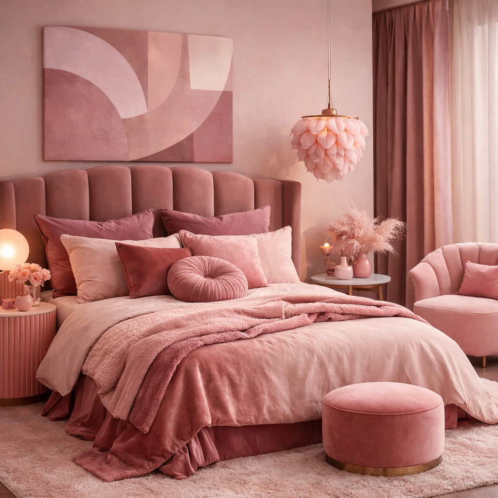 A cozy pink bedroom decor featuring mixed shades of pink textiles, modern furniture, and unique light fixtures.