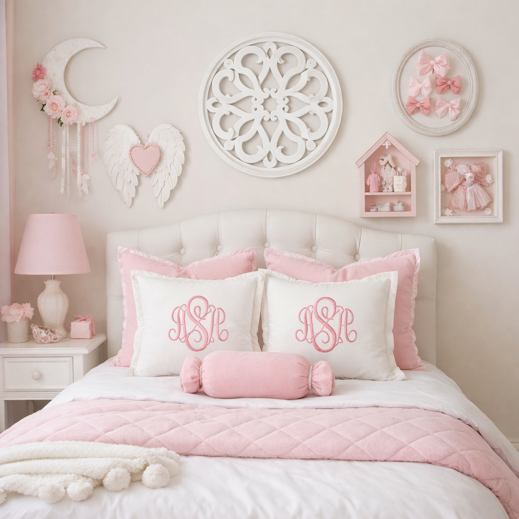A beautifully decorated pink bedroom with personalized accents including monogrammed pillows, decorative wall art, and soft furnishings.