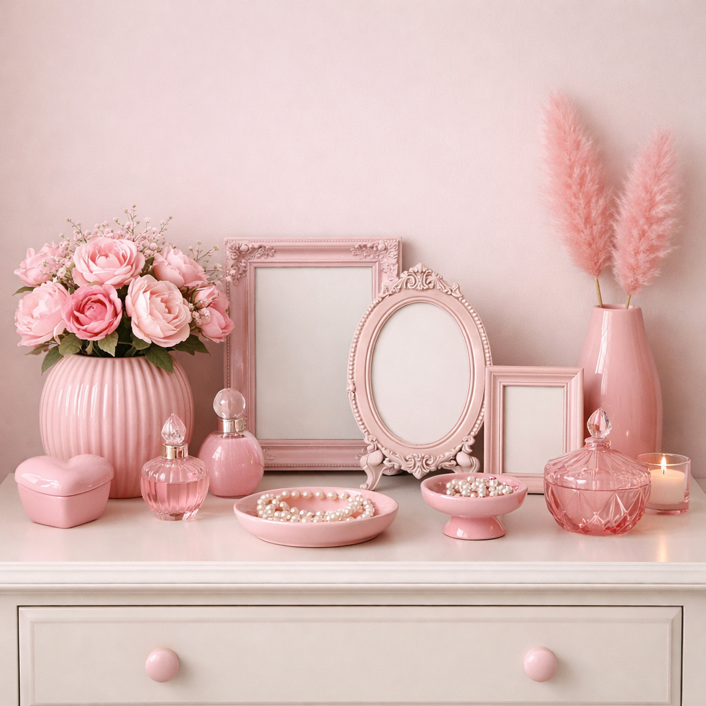 Decorative pink accessories including a vase of roses, picture frames, and trinket bowls on a dresser.