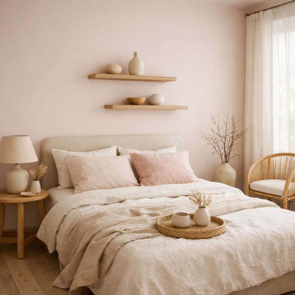 A cozy bedroom with soft blush walls, a comfortable bed, and wooden shelves displaying decor.