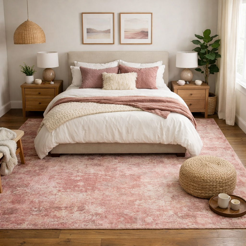 a cozy pink rug in a stylish bedroom setup