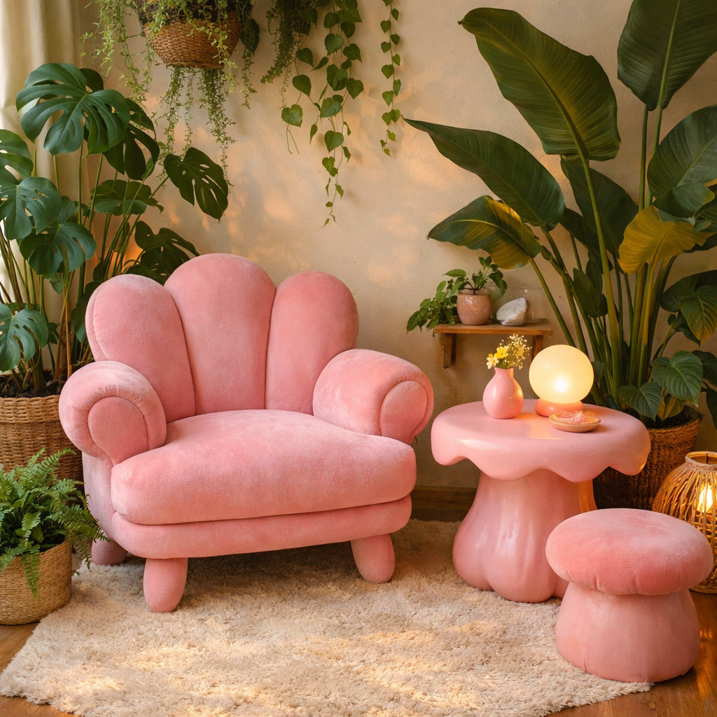 A cozy pink accent seating arrangement featuring a plush pink chair and matching accent table surrounded by greenery.