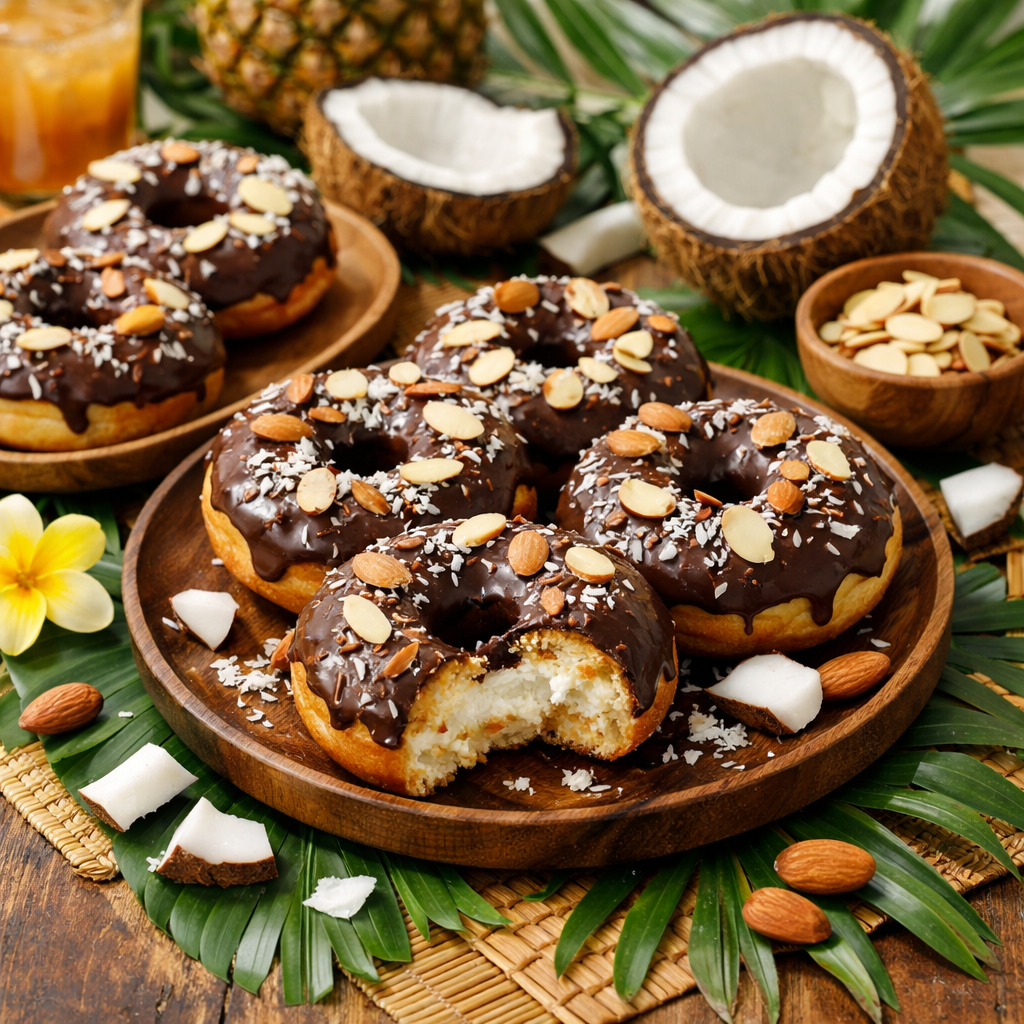 Platter of Almond Joy air fryer donuts topped with chocolate, almonds, and coconut, surrounded by tropical decorations.