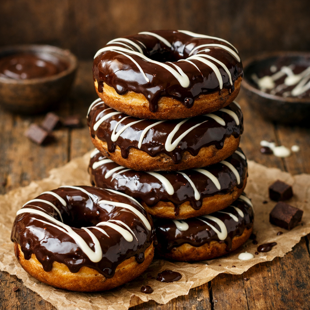 A stack of chocolate glazed air fryer donuts with white chocolate drizzle on a wooden table.