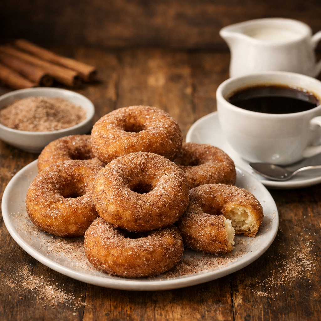 A plate of cinnamon sugar air fryer donuts with coffee and cinnamon sticks