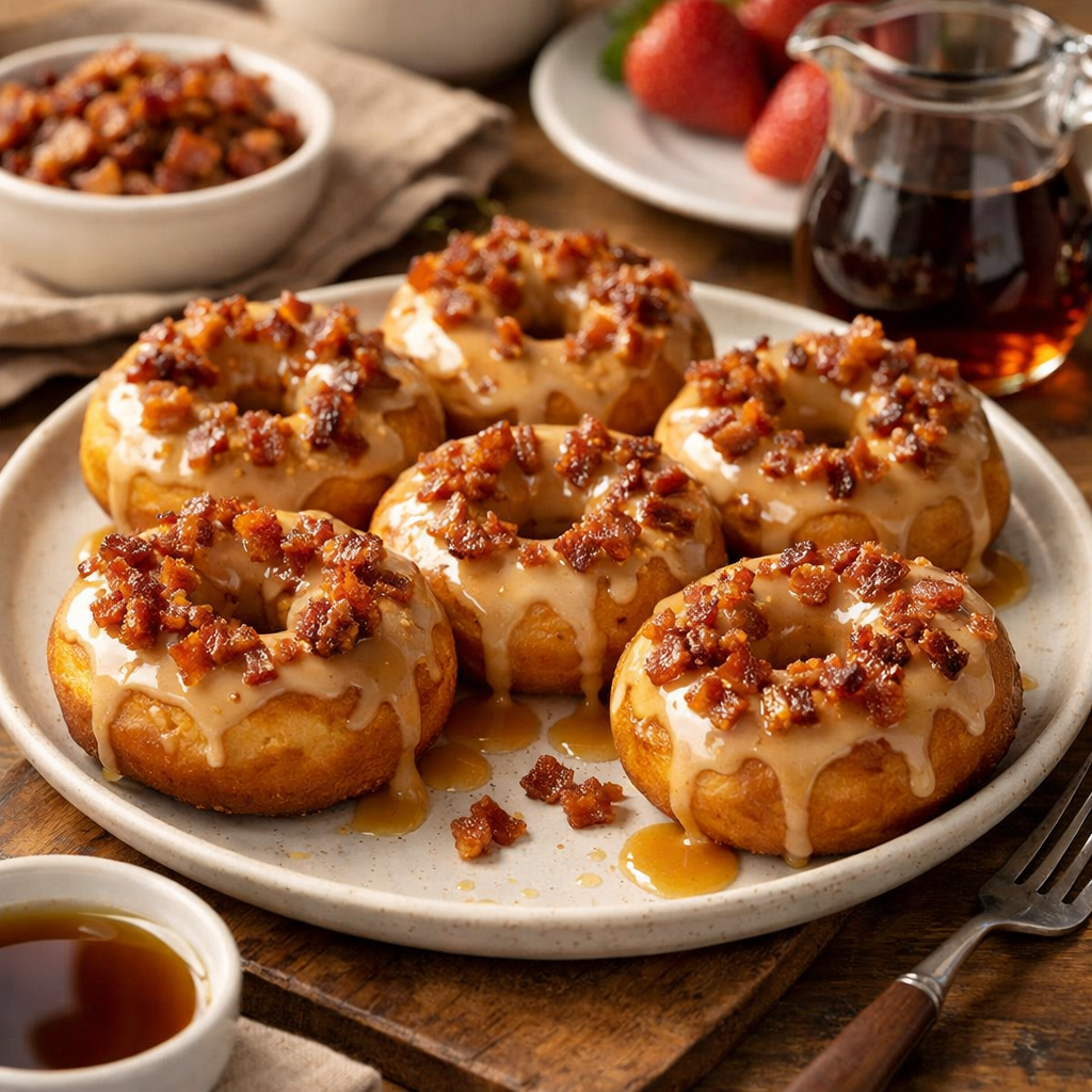 A plate of maple bacon air fryer donuts topped with maple glaze and crumbled bacon, surrounded by syrup and strawberries.