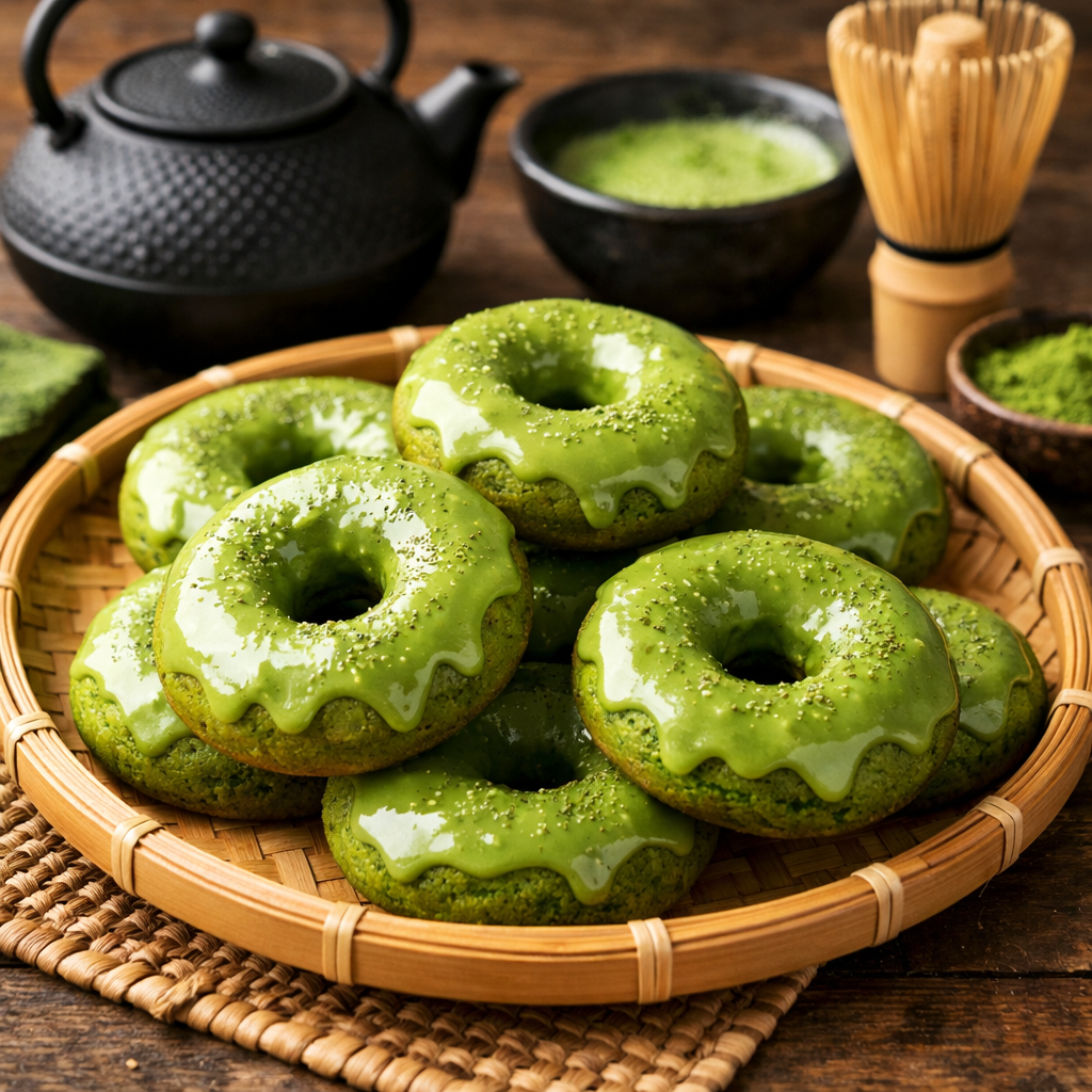 A basket of vibrant green matcha air fryer donuts glazed with a shiny green icing, with a teapot and matcha bowl in the background.