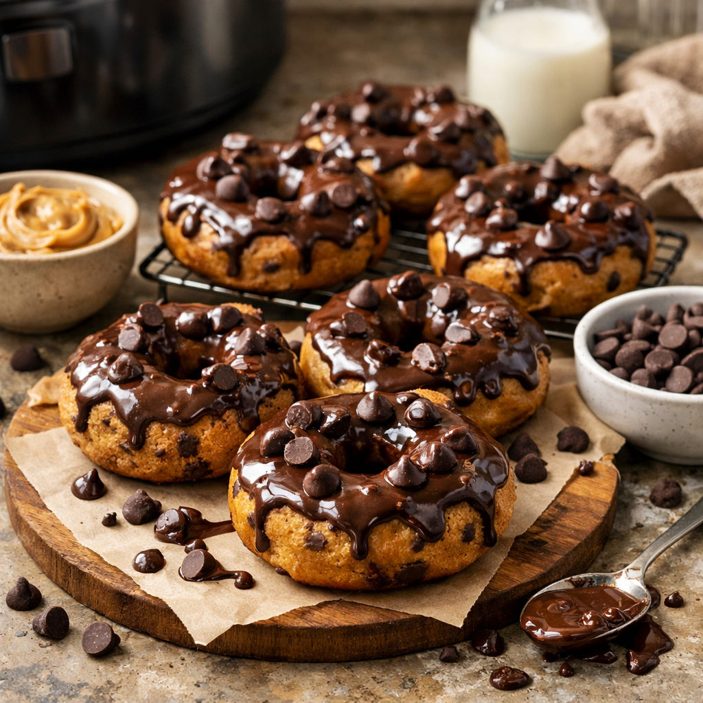 Peanut Butter Chocolate Chip Air Fryer Donuts with chocolate glaze and chocolate chips on a wooden platter.