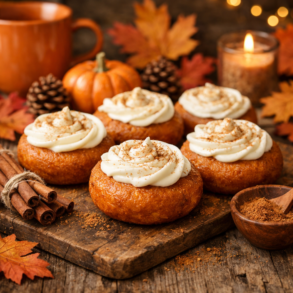 A plate of pumpkin spice air fryer donuts decorated with frosting, cinnamon, and surrounded by autumn leaves and a small pumpkin.