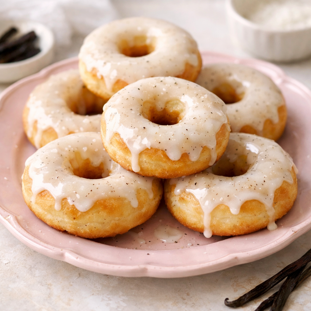 A platter of glazed vanilla bean donuts topped with a sweet vanilla icing, showcasing their fluffy texture and inviting appearance.