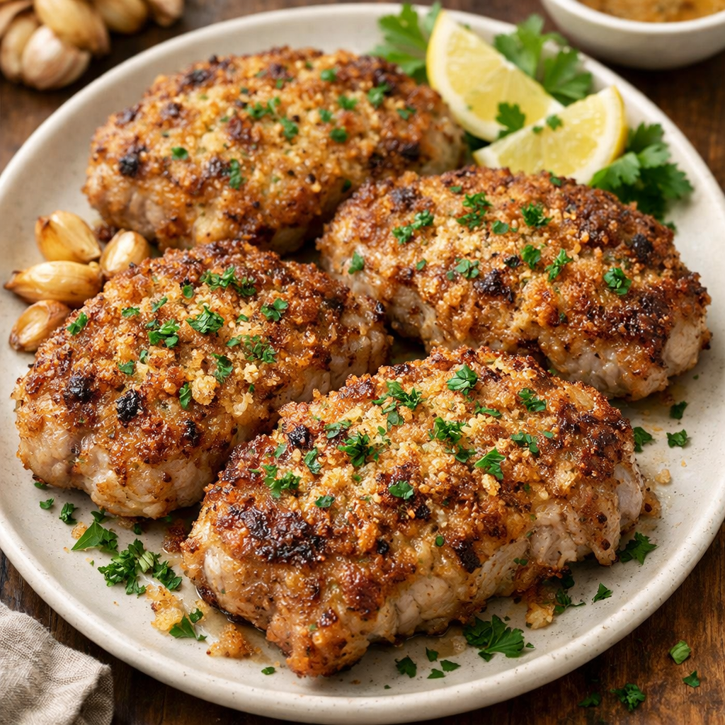 Garlic Parmesan Crusted Pork Chops garnished with parsley and lemon, served on a plate.