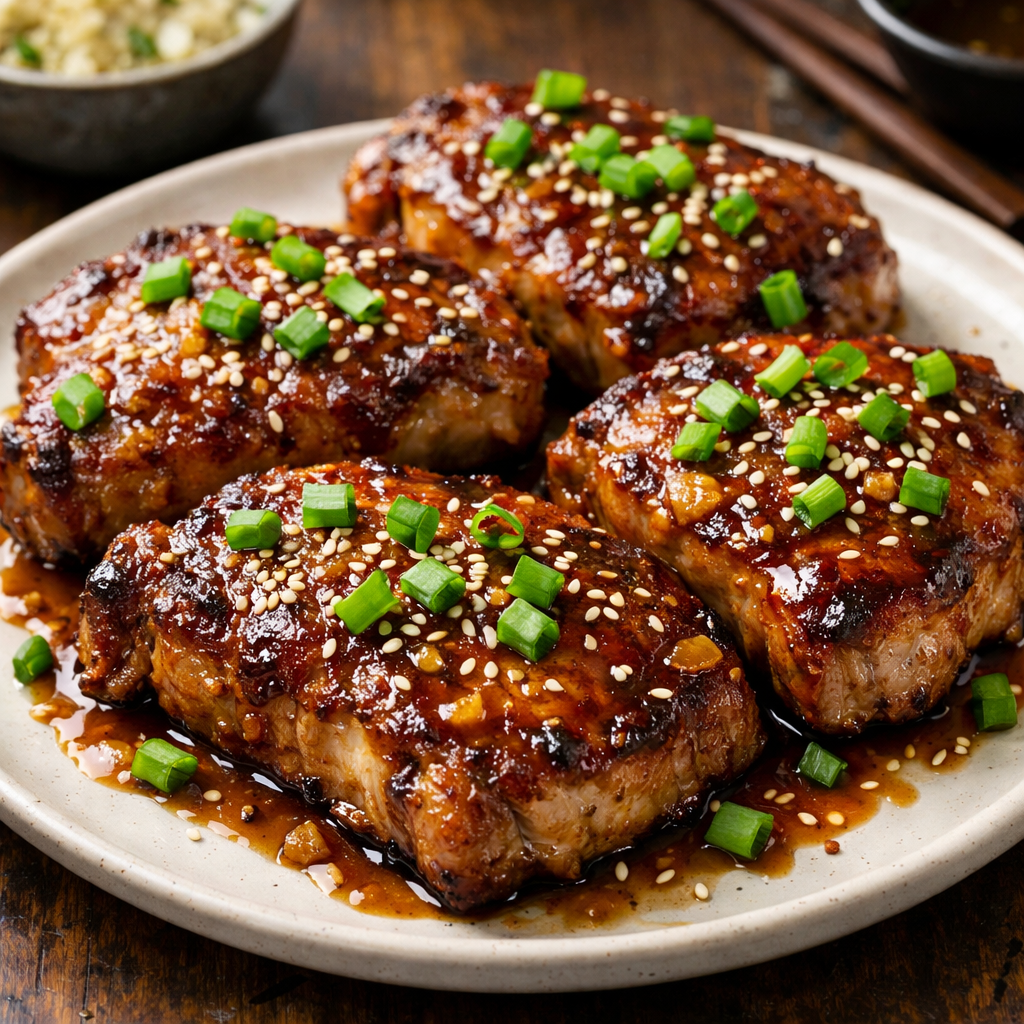 Delicious honey garlic glazed pork chops garnished with green onions and sesame seeds.
