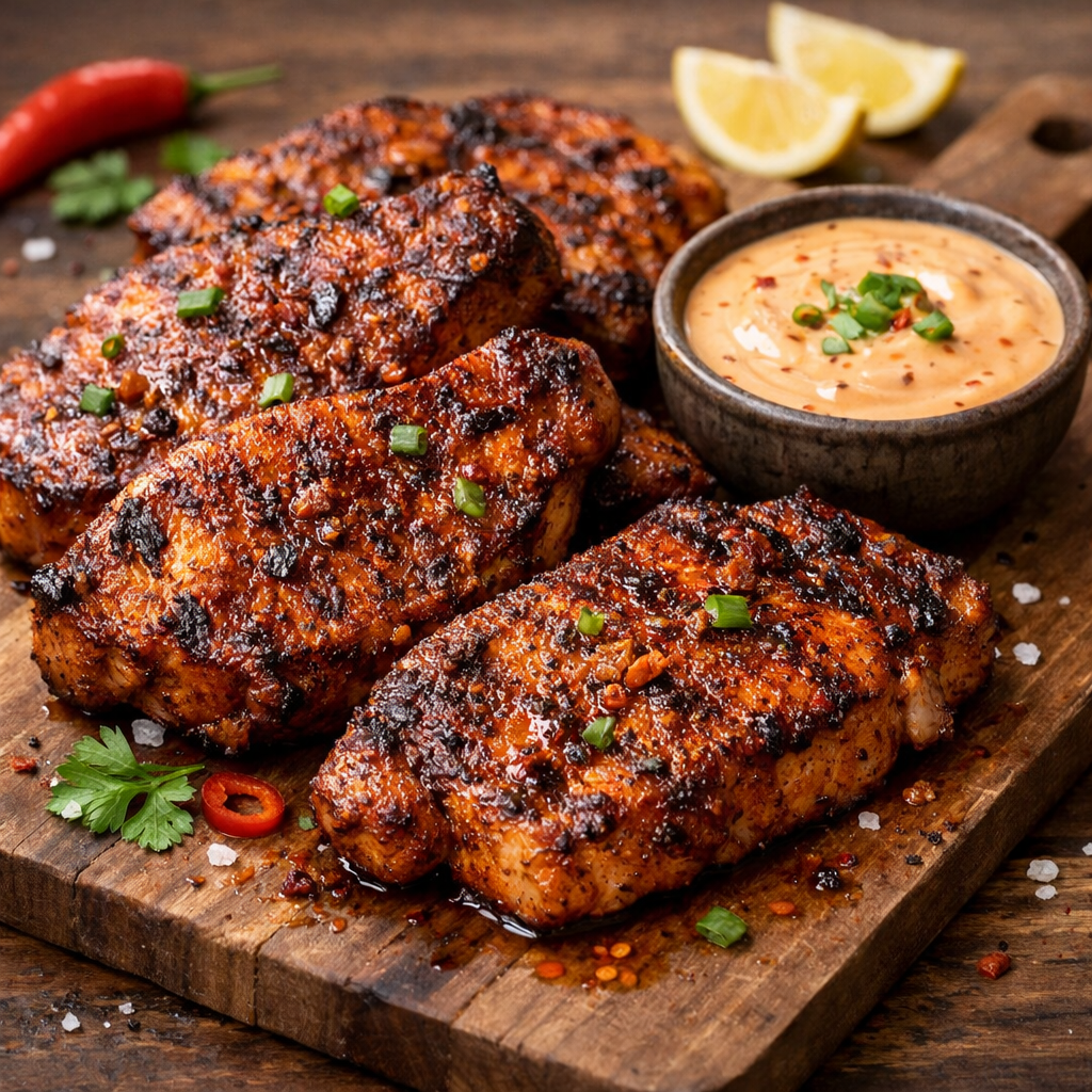 Deliciously seasoned and cooked pork chops served with dipping sauce and lemon.