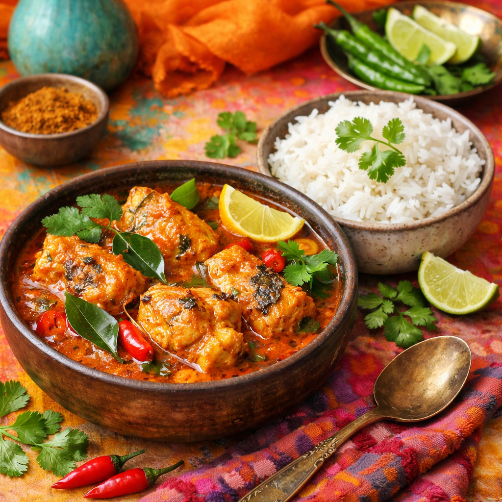 A bowl of Air Fryer Fish Curry with rice and lemon, surrounded by spices and chilies.