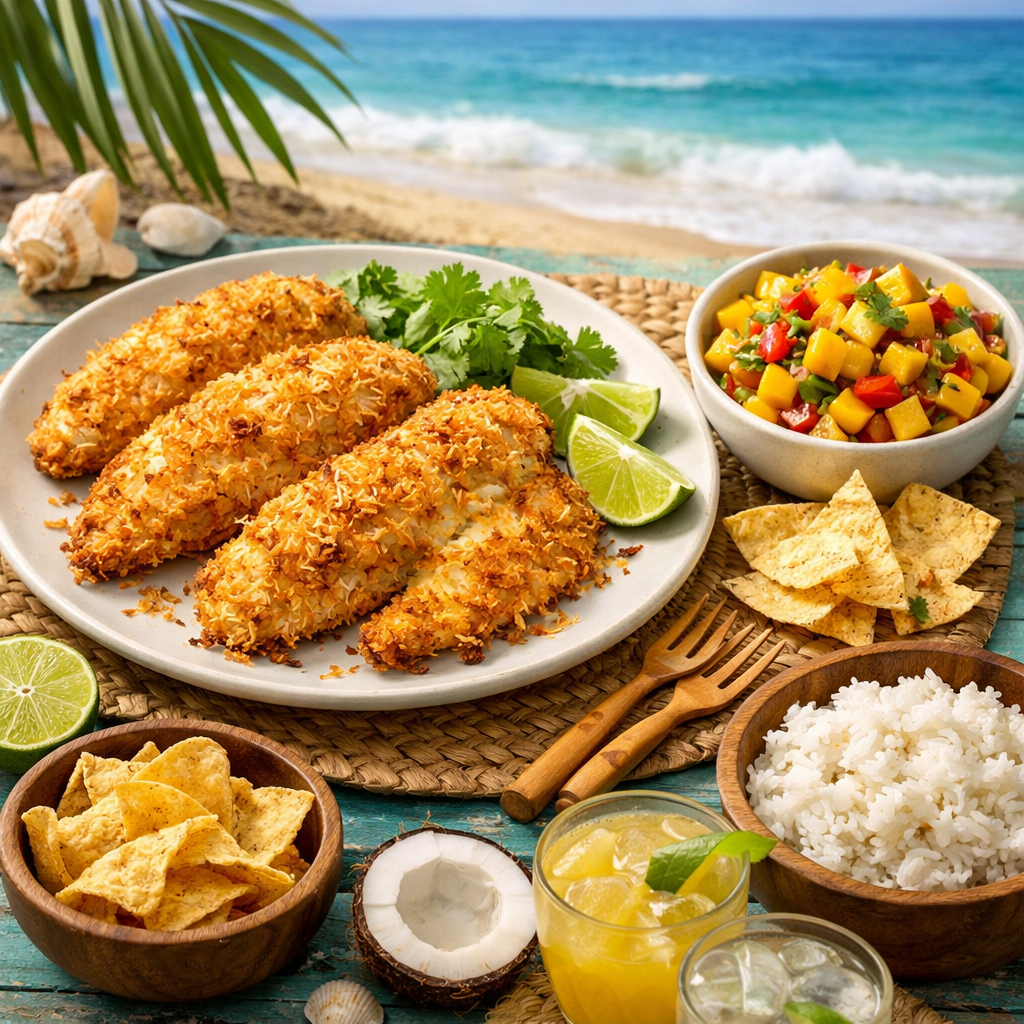 Coconut Crusted Air Fryer Tilapia served with sides of mango salsa, rice, and tortilla chips, with a beach background.