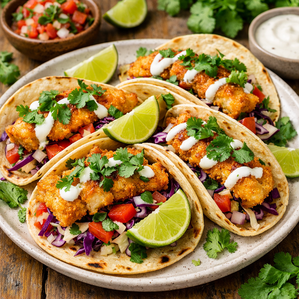 Four crispy fish tacos garnished with cilantro and lime on a plate.