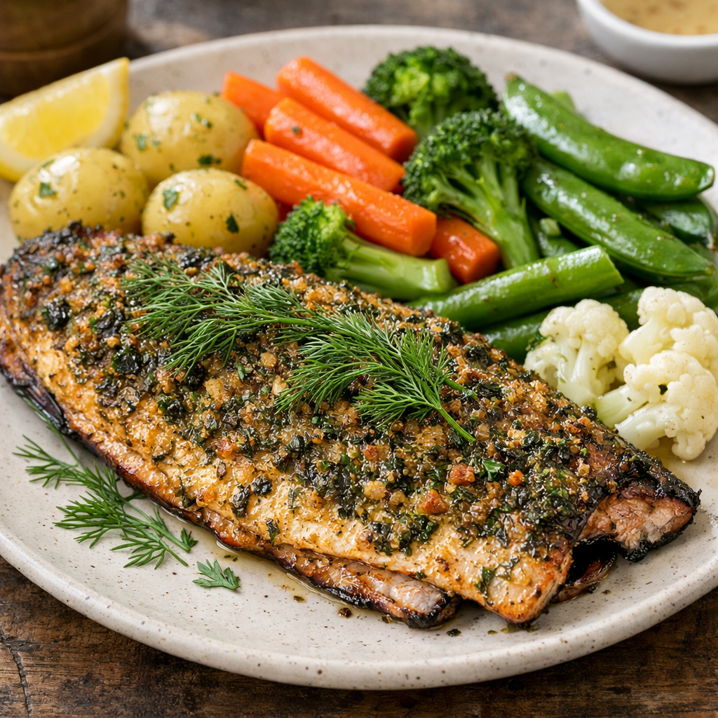 A plate of herb-crusted air fryer trout with steamed vegetables, potatoes, and lemon slices.
